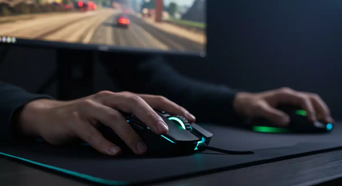 Gamer's hands on a high-performance gaming mouse with RGB lighting