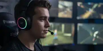 Gamer wearing a high-tech gaming headset, immersed in a game on multiple screens.