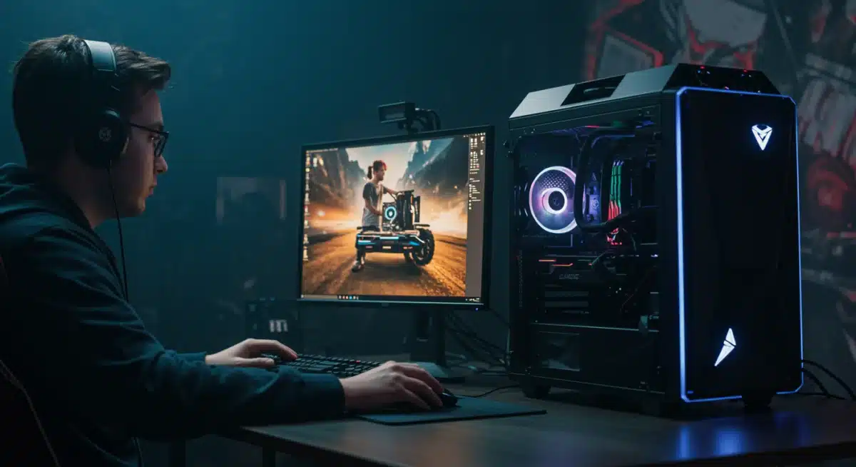 Gamer playing on a custom-built high-end PC with immersive setup