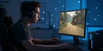 Gamer focused on screen, headphones on, optimizing internet for competitive play.