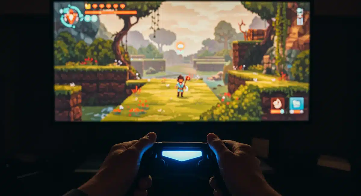 Player deeply immersed in a visually striking indie game