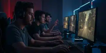 Gamers intensely focused on screens, playing a popular online shooter