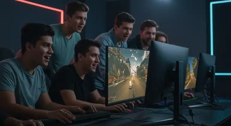 Gamers enjoying high-performance monitors in a modern setup