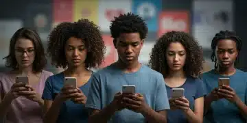 Gen Z individuals critically viewing product recommendations on smartphones