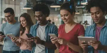 Diverse Gen Z individuals engrossed in social media on their mobile devices