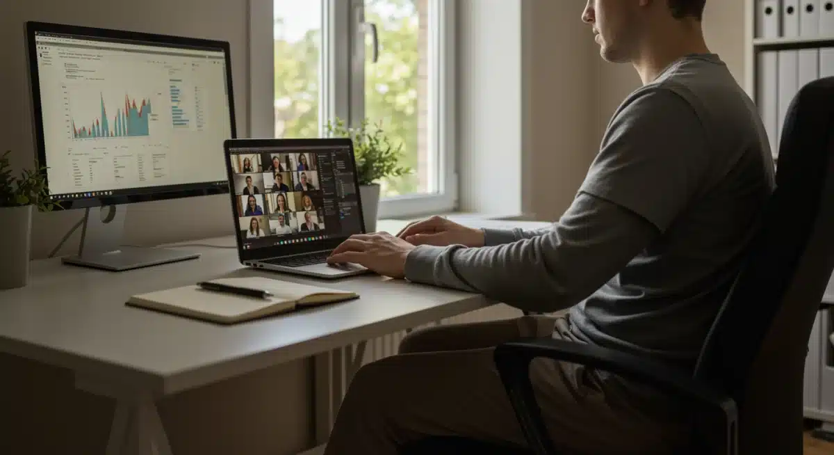 Person on a video conference call in a neat home office, demonstrating efficient remote work during summer.