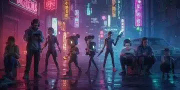 Gamers playing diverse indie titles in a vibrant, futuristic setting