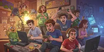 Diverse group of American gamers celebrating the unexpected success of indie games, with vibrant game art in the background.