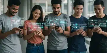 Diverse young adults using latest digital wallets on smartphones in an urban setting