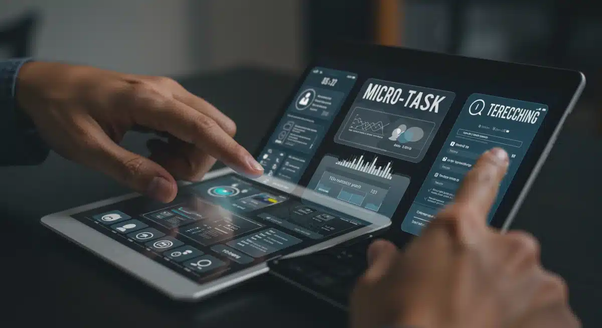 Hands interacting with smartphone and tablet showing micro-task apps