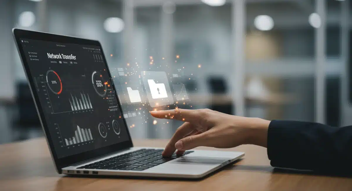 Person monitoring file transfer progress on a laptop with network stats