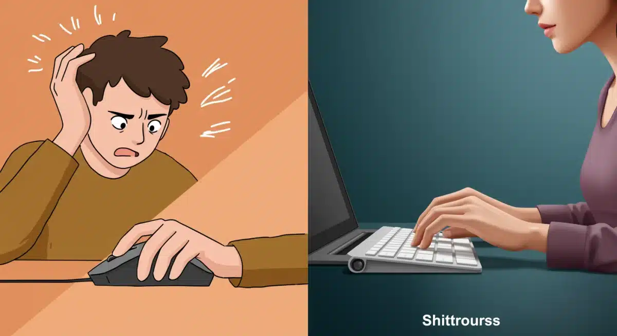 Frustrated person using mouse versus calm person using keyboard, illustrating efficiency.
