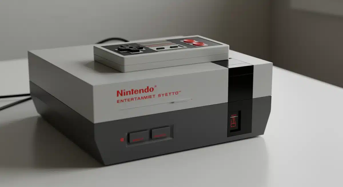 Close-up of a well-preserved original Nintendo Entertainment System (NES) console with controller