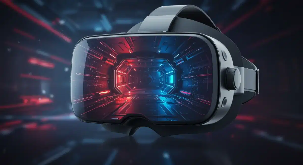 Next-gen VR headset displaying vibrant sci-fi game, highlighting advanced technology