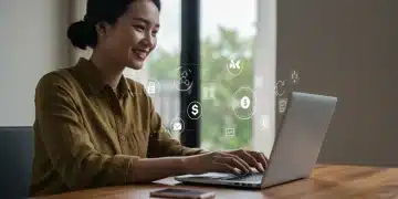 Smiling person working on laptop for online micro-tasks in a bright home office