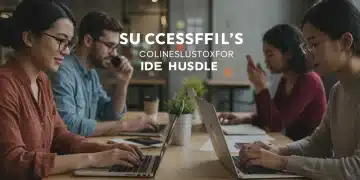 Young professionals successfully managing online services from a modern co-working space, illustrating profitable side hustles.