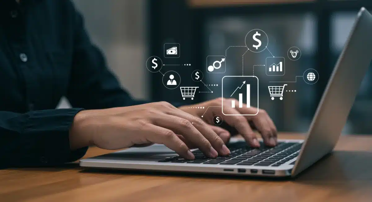 Hands typing on a laptop, symbolizing online work and digital income.