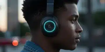 Person enjoying high-quality audio with optimized headphones in an urban environment