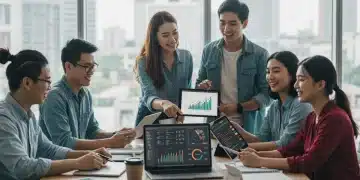 Professionals optimizing digital income with laptops and tablets, symbolizing financial growth strategies.