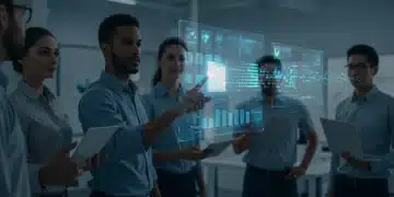 Professionals optimizing large file transfers on a holographic interface