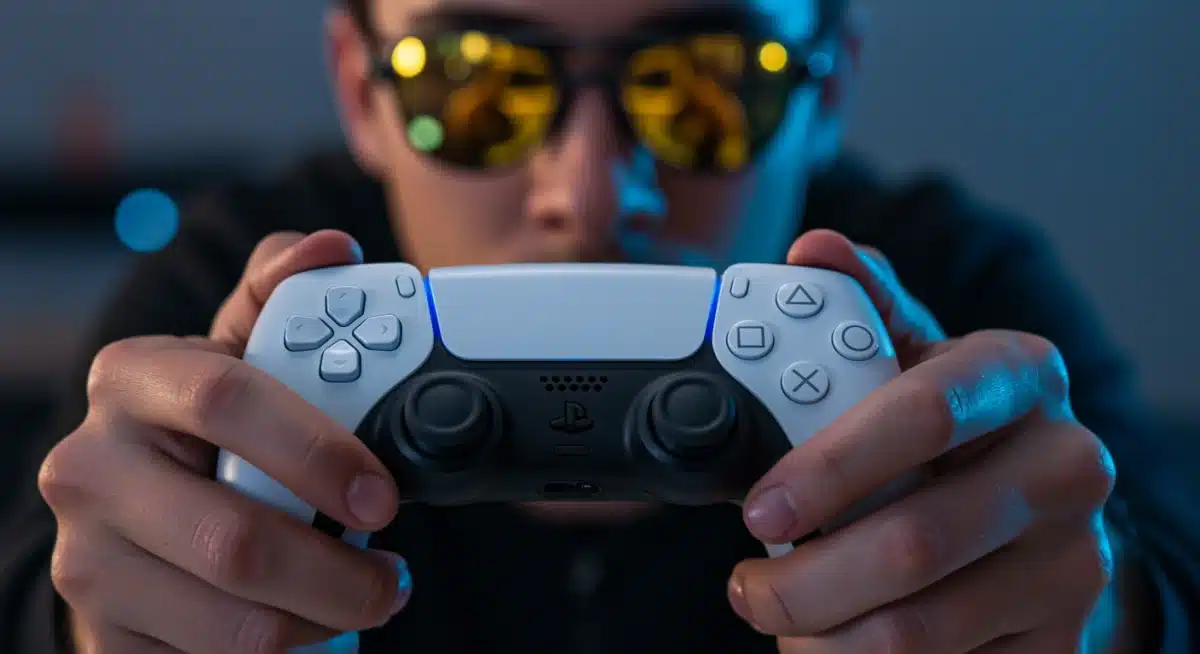 Gamer holding PlayStation 5 Pro controller, focused on immersive gameplay