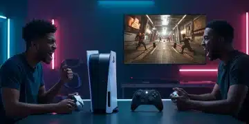 PlayStation 5 Pro and Xbox Series X consoles in a futuristic gaming battle