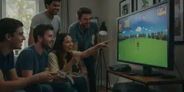 Friends enjoying retro gaming with classic US consoles in a modern living room setting