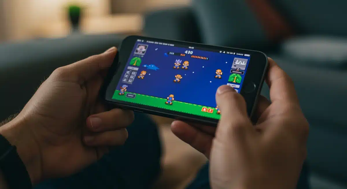 Person playing classic video game on smartphone emulator