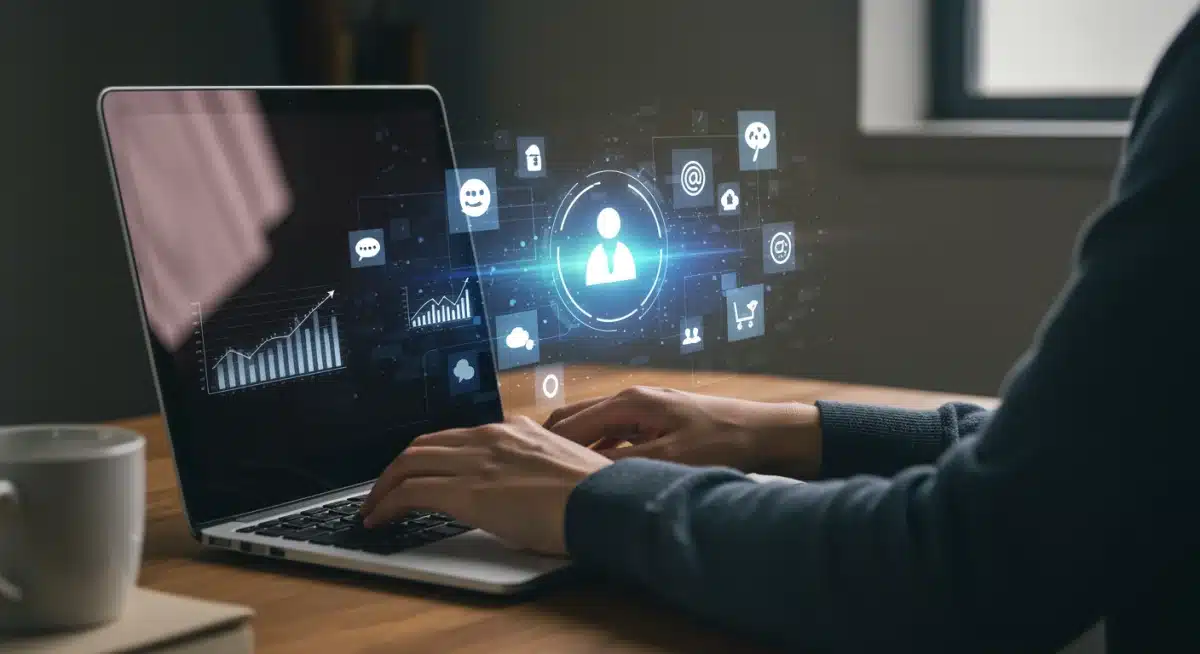 Individual managing multiple social media accounts on a laptop, demonstrating the work of a social media manager.