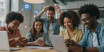 Diverse group using social media on phones and laptops, increasing organic reach