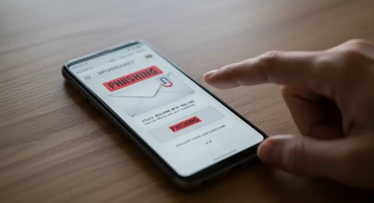Smartphone screen showing suspicious email, hand pointing, identifying phishing scam