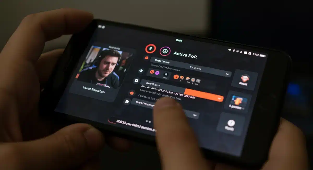 Smartphone displaying an interactive Twitch poll with real-time results and chat, illustrating live viewer engagement.