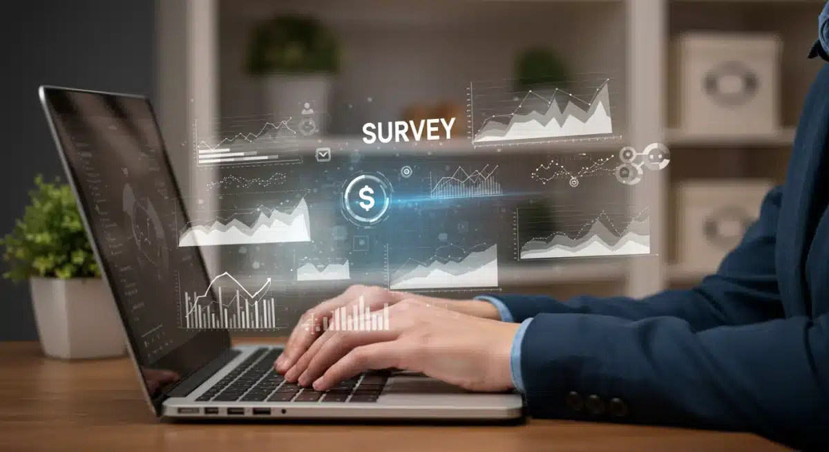 Person actively taking online surveys on a laptop, tracking earnings