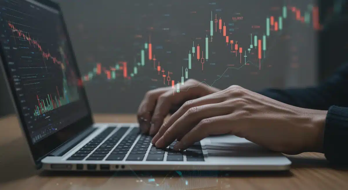 Hands typing on a laptop, focused on online work