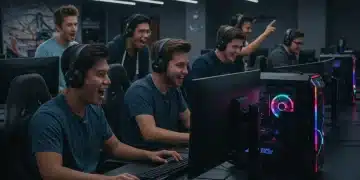 Gamers enjoying high-performance gaming PCs in a modern US gaming lounge, showcasing future market trends.