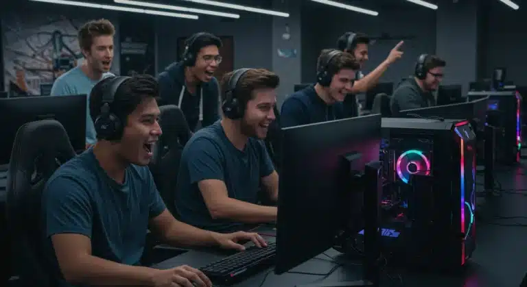 Gamers enjoying high-performance gaming PCs in a modern US gaming lounge, showcasing future market trends.