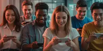 Young adults playing mobile games on smartphones in an urban setting