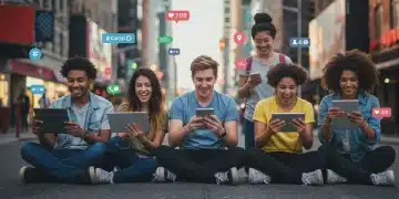 Diverse young adults engaging with viral content on digital devices, surrounded by social media icons and trending hashtags.