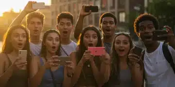 Young adults spontaneously capturing moments with smartphones, reflecting BeReal's concept