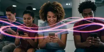 Young adults engaged with interactive mobile game storytelling on smartphones