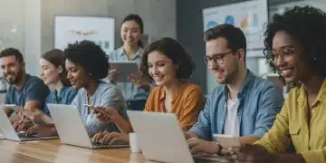 Young adults working on laptops and tablets, symbolizing online income generation