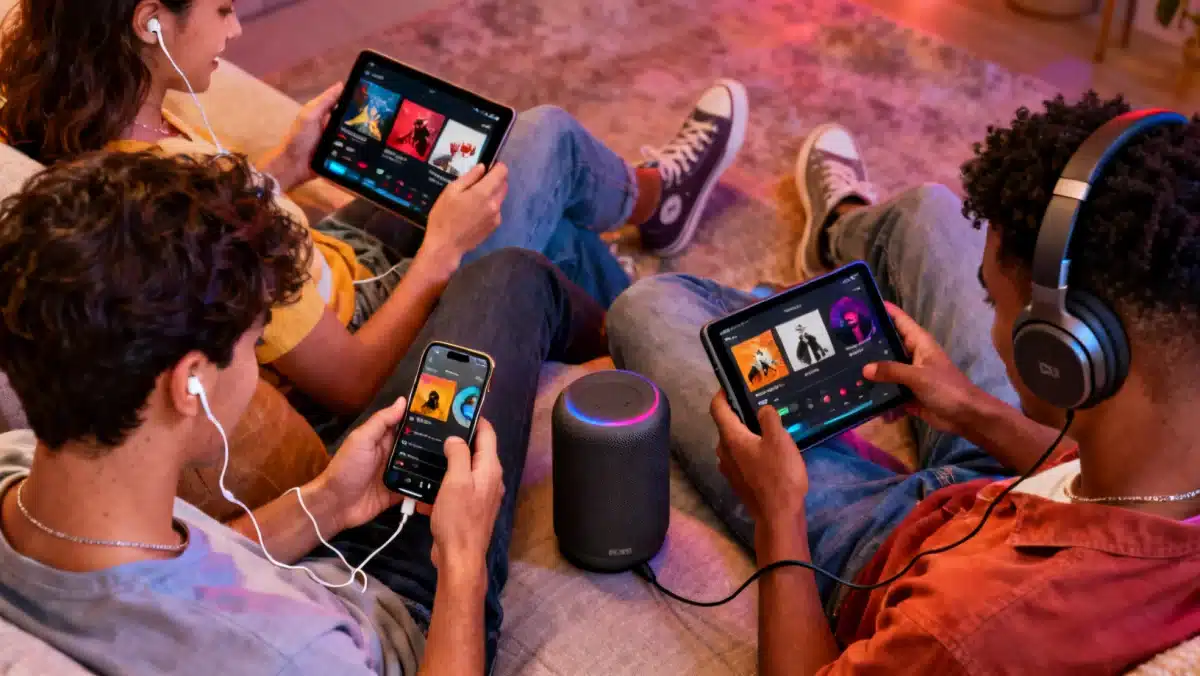 Friends enjoying personalized music streaming on multiple devices