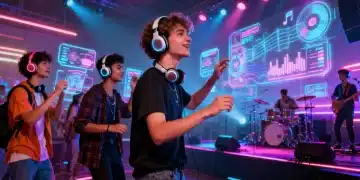 Futuristic concert with holographic music displays and diverse audience