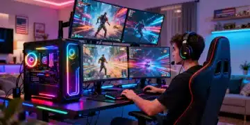 Futuristic gaming PC setup with bright RGB lights and multiple screens