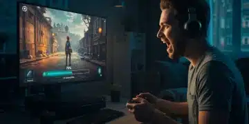 Gamer intently playing on a console with reduced load times