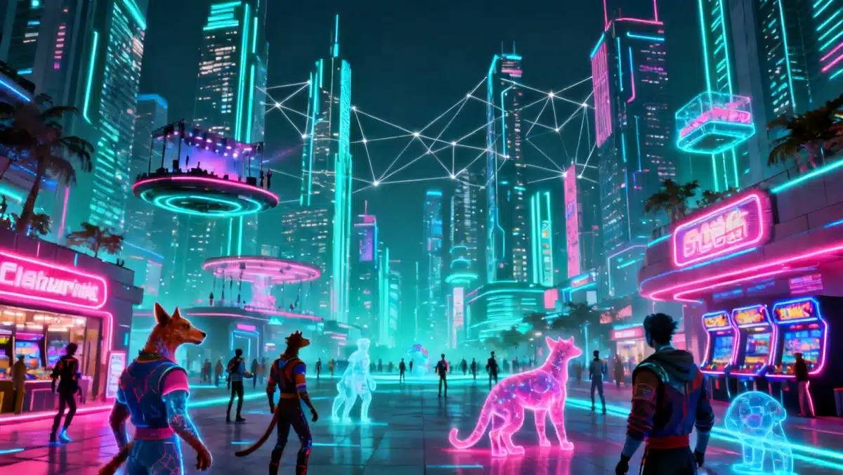Digital avatars interacting in a futuristic metaverse city plaza