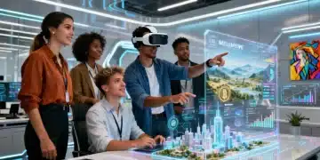 Investors analyzing metaverse investment opportunities on holographic screens