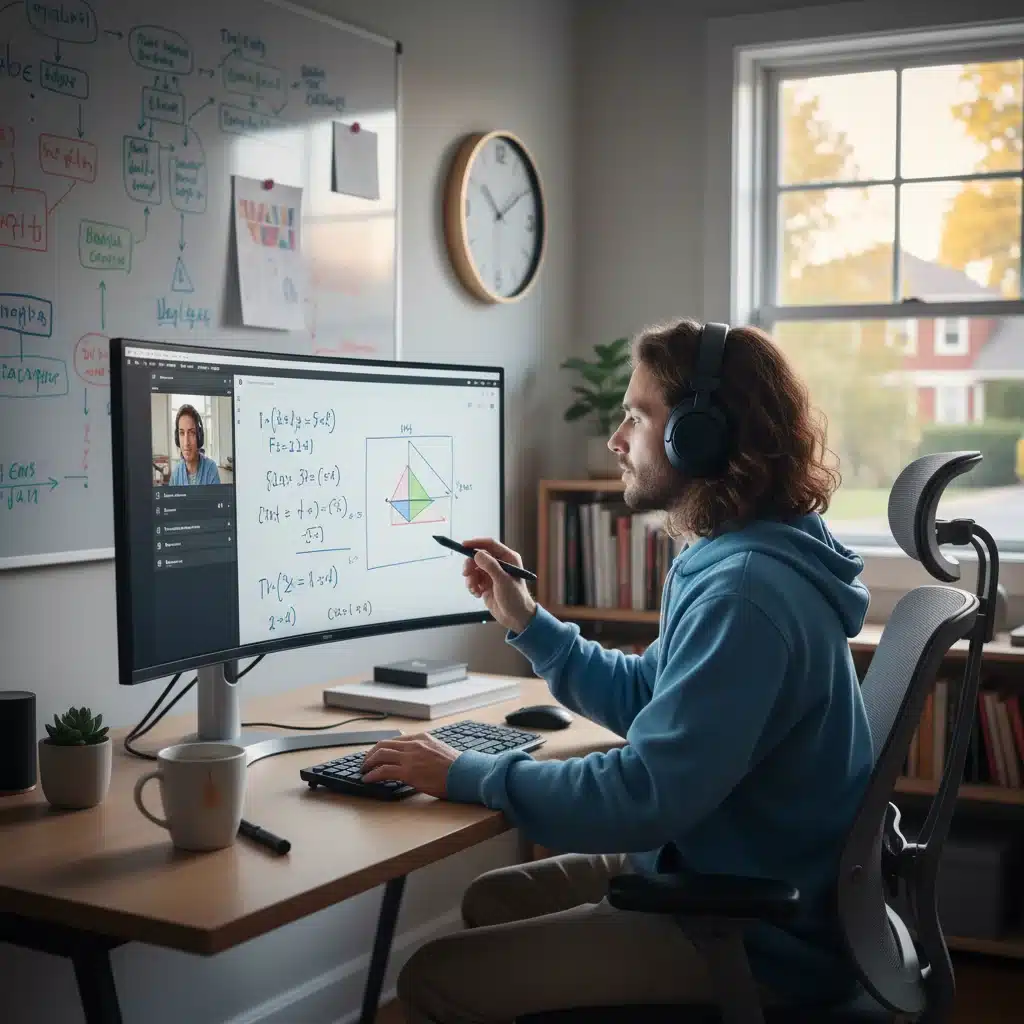 Online tutor engaging with a student on a laptop in a home office setting