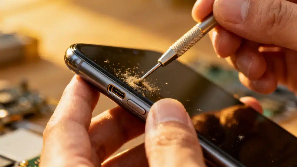 Cleaning smartphone charging port with non-conductive tool