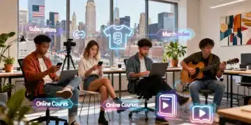 Diverse creators diversifying income streams in a modern co-working space